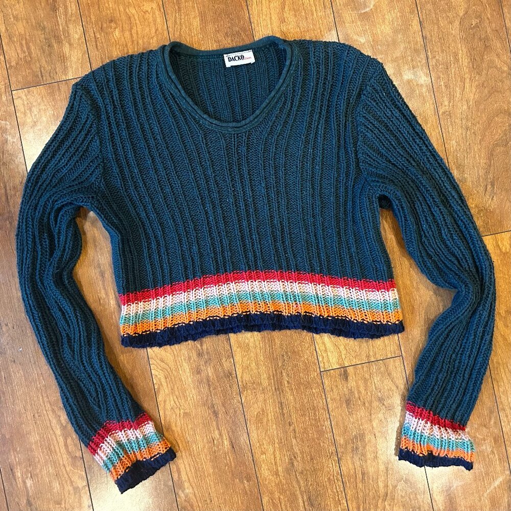 DACKO Fashion Cropped Knit Sweater – Teal Blue Multicolor Stripes Y2K Small